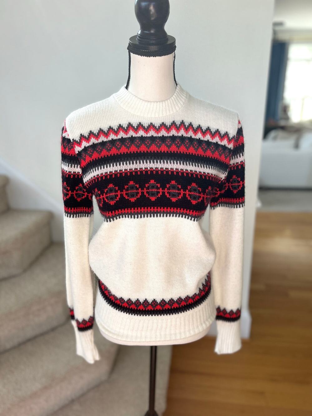 Vintage Orlon White Red Black Fair Isle Long Sleeve Crewneck Sweater